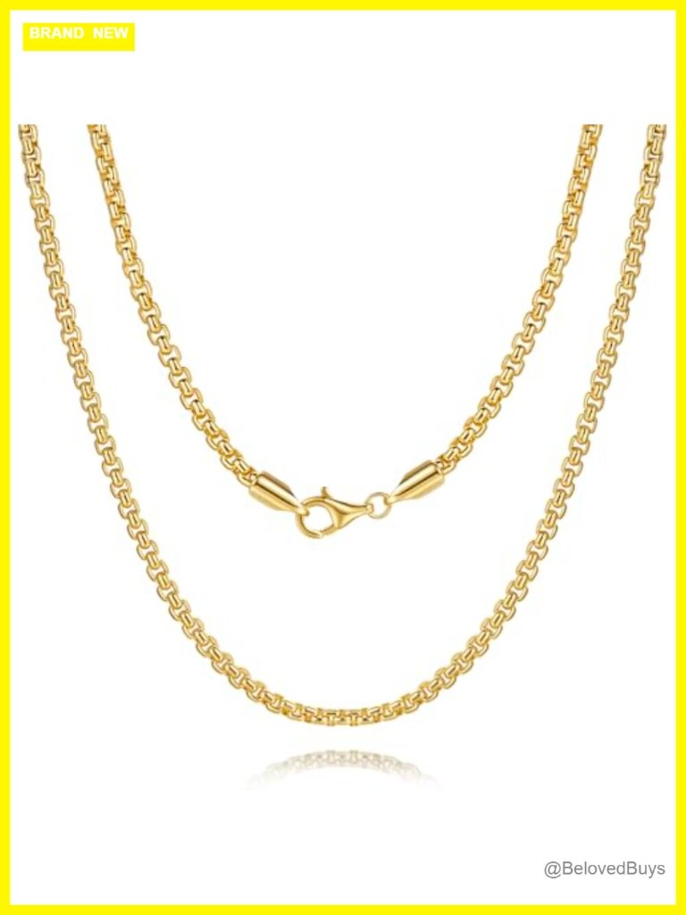 14K Gold Plated Box Chain Necklace Unisex 3.5mm Lobster Clasp